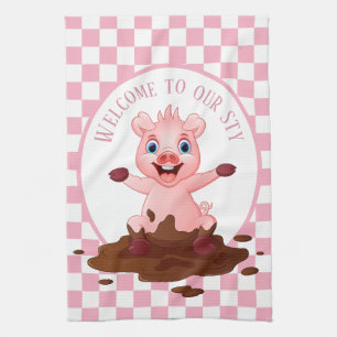 cute Country pig sty add text Tea Towel