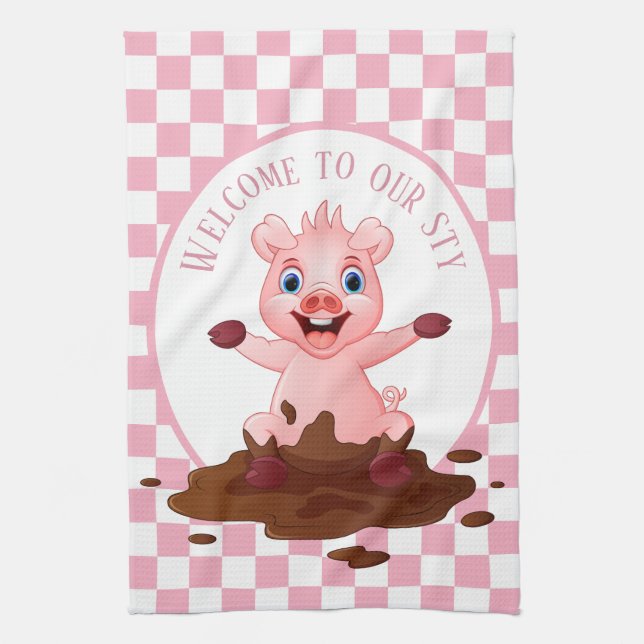 cute Country pig sty add text Tea Towel (Vertical)