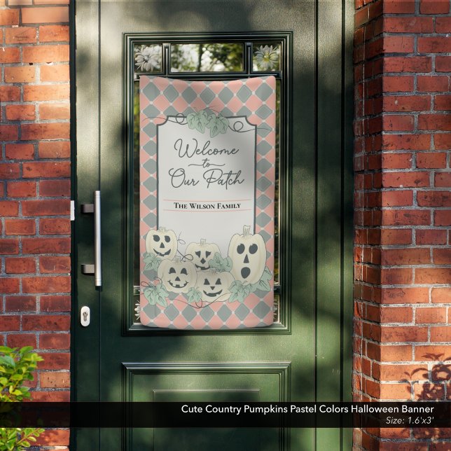 Cute Country Pumpkins Pastel Colours Halloween Banner (Cute Country Pumpkins Halloween Banner–Shown in approx. 1.6' x 3' size. Always Measure your door.)