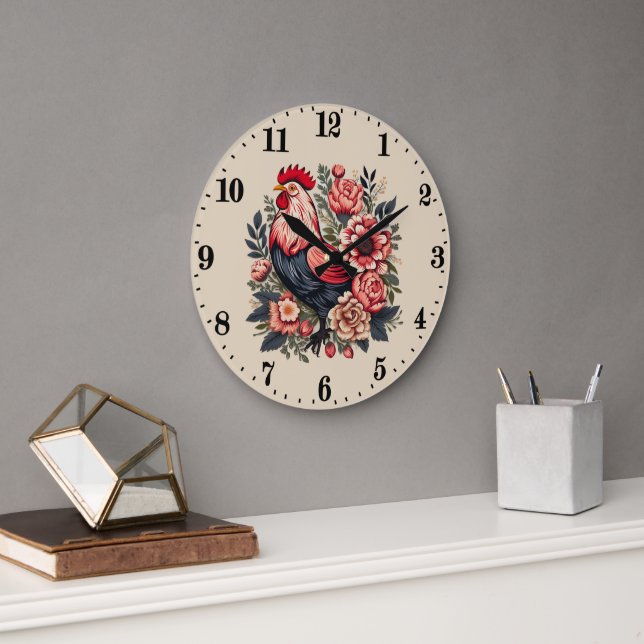 Cute country rooster lovers  large clock (Office)