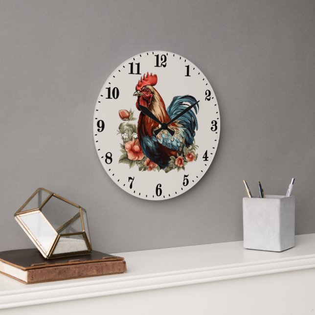 Cute country rooster lovers  large clock (Office)