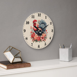 Cute country rooster lovers  large clock