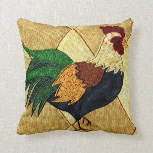 Cute Country Rooster Quilted Look Throw Pillow