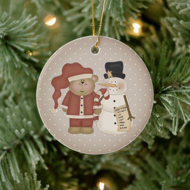 Cute Country Santa Bear And Snowman Personalised Ceramic Ornament (Tree)