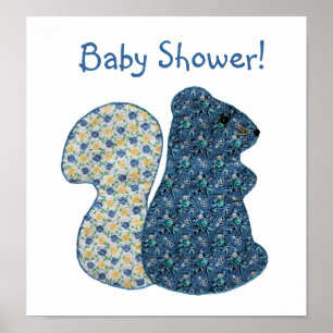 Cute Country Style Blue Squirrel Baby Shower Poster