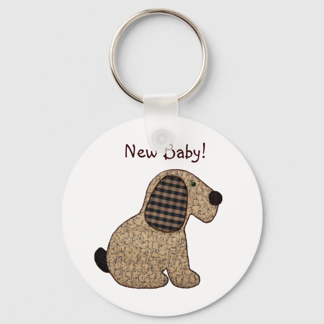Cute Country Style Gingham Dog New Baby Key Ring (Front)