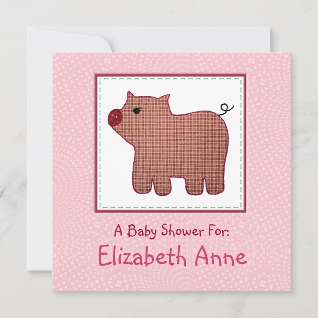 Cute Country Style Pink Plaid Pig Baby Shower Invitation (Front)