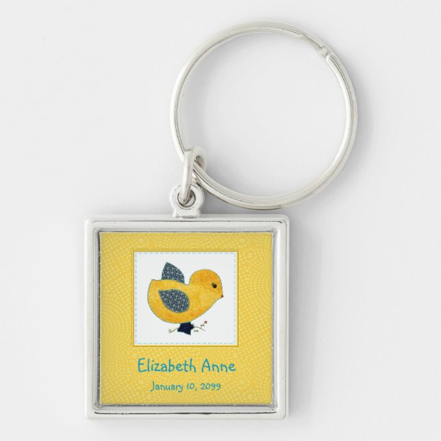 Cute Country Style Yellow Chick Birth Announcement Key Ring (Front)