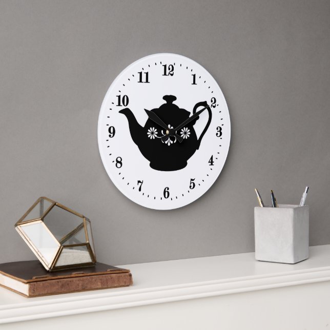 cute Country teapot word art Large Clock (Office)