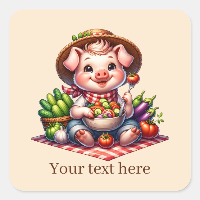 Cute Country vegetable pig add text  Square Sticker (Front)