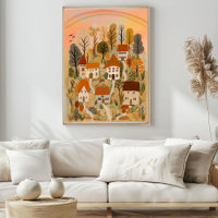 Cute Country Village Autumn Watercolor Art 