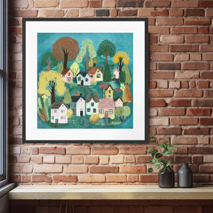 Cute Country Village Teal Colourful Watercolor Art Poster