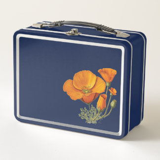 Cute Country Vintage California Poppy Flower Tin Metal Lunch Box