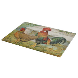Cute Country vintage rooster hen glass Cutting Board