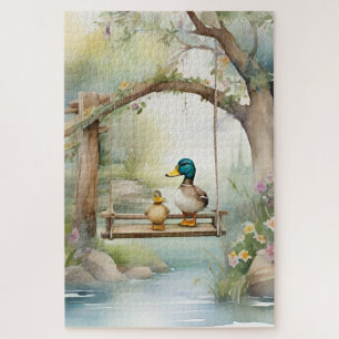 Cute Country Water-colour Ducks On A Swing Jigsaw Puzzle