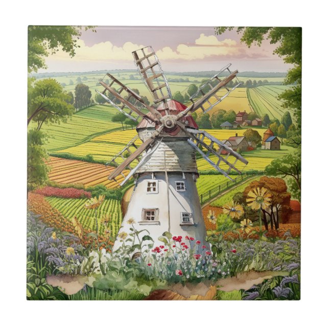 cute Country windmill lovers  Ceramic Tile (Front)