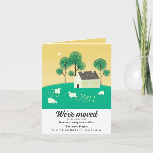 Cute Countryside House Trees Sheep We've Moved Announcement (Front)
