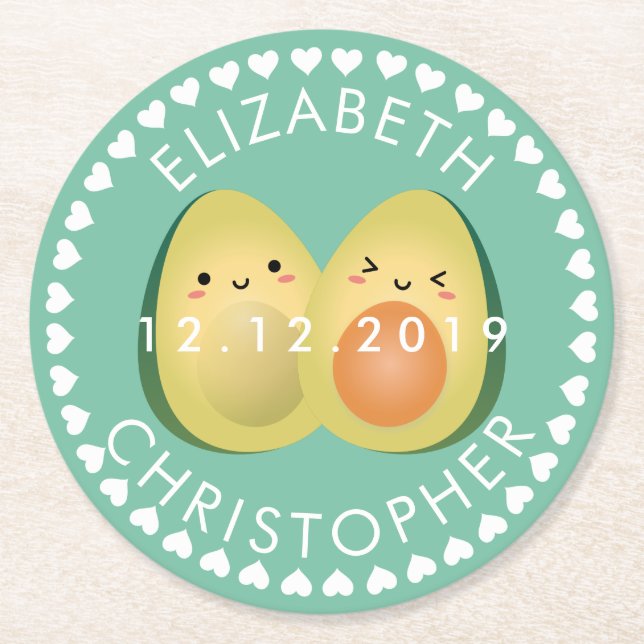 Cute Couple Avocados Let's Avocuddle Wedding Party Round Paper Coaster (Front)