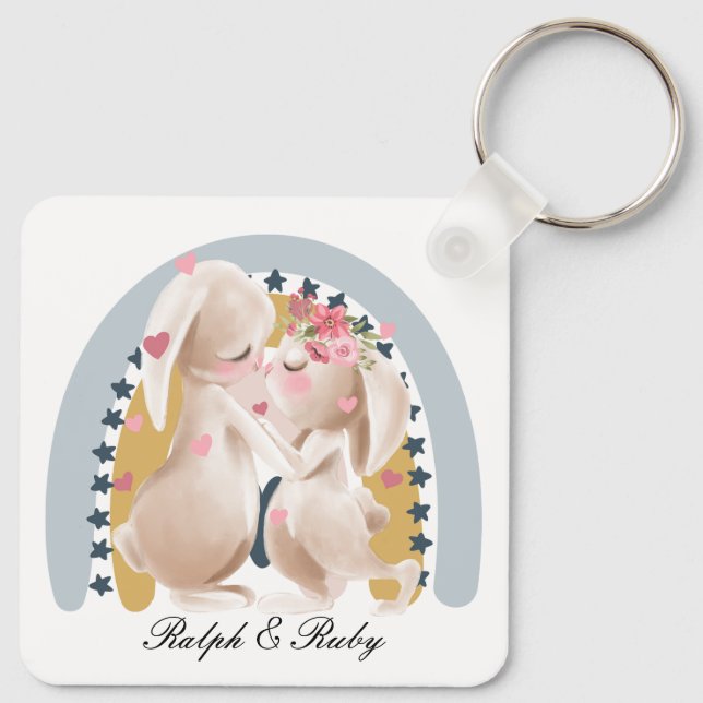 Cute Couple Bunny Rainbow Customised Gift Him Her  Key Ring (Back)