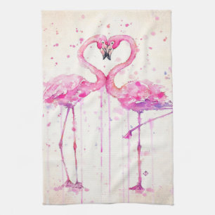 Cute Couple Flamingo Love Print Art Tea Towel