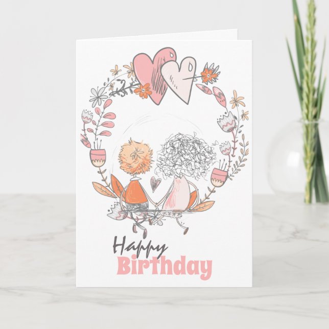 Cute couple floral wreath romantic birthday card (Front)