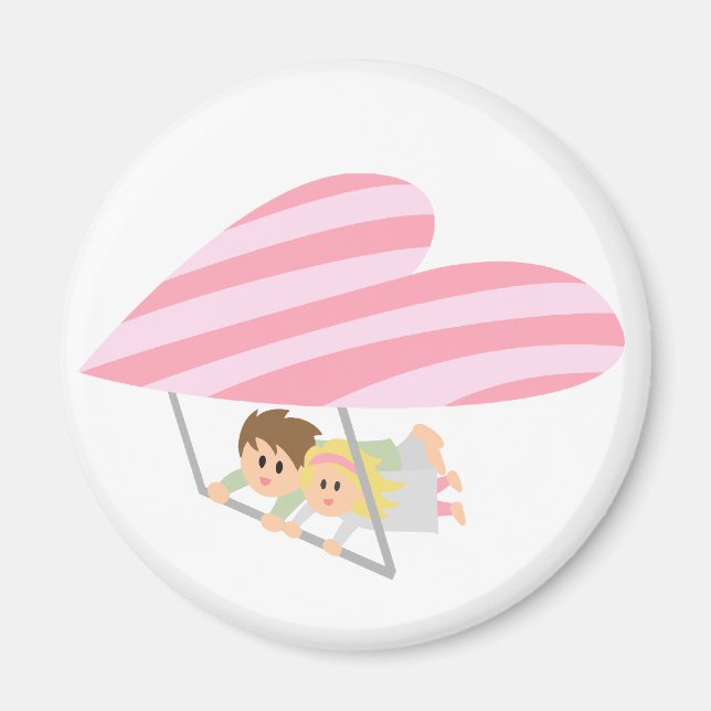 Cute couple flying on a heart-shaped hang-glider magnet (Front)