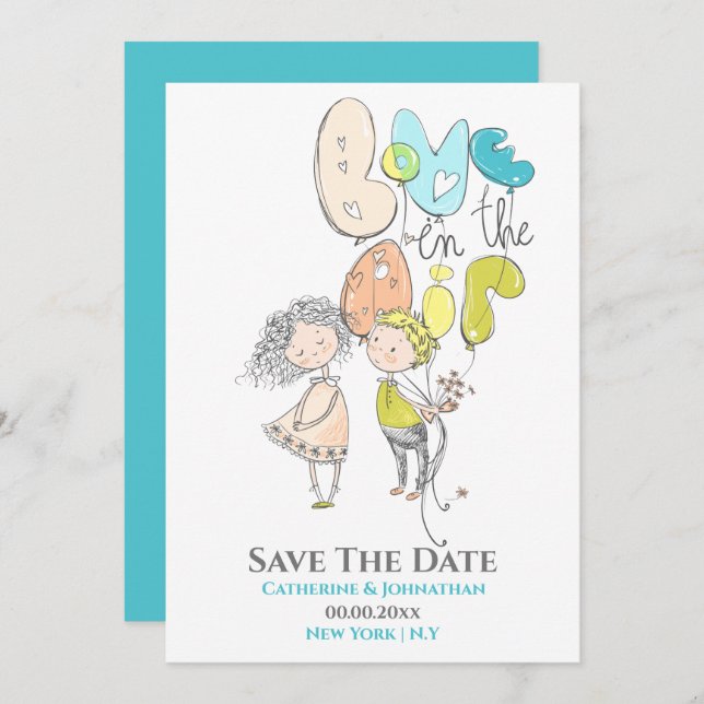 Cute couple illustration love in air aqua orange save the date (Front/Back)