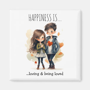 Cute Couple in Love Cartoon   Happiness Is    Magnet