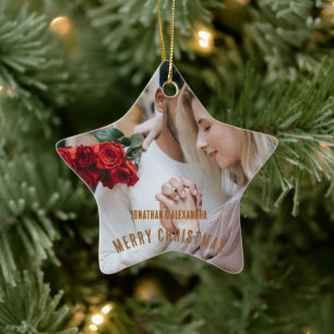 Cute couple Luxuly photo Golden brown text Ceramic Ornament