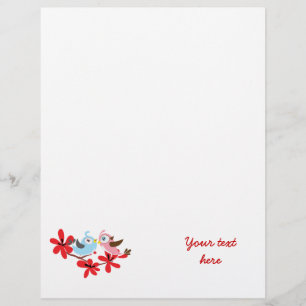 Cute couple of birds red flowers custom letterhead