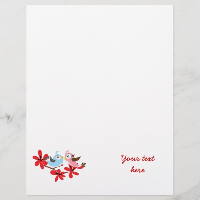 Cute couple of birds red flowers custom letterhead (Front)