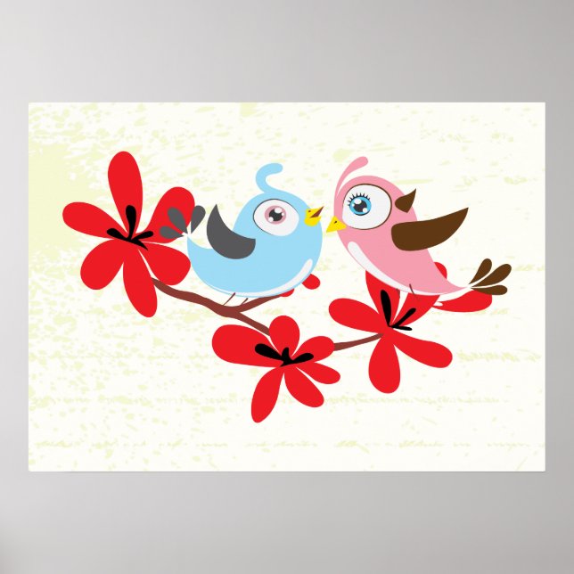 Cute couple of birds red flowers custom poster (Front)