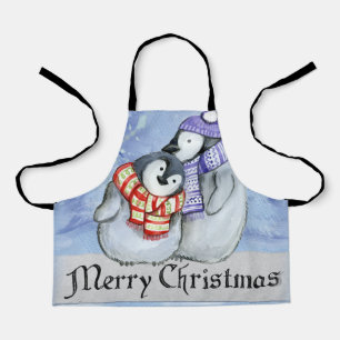 Cute couple of penguins hugging apron