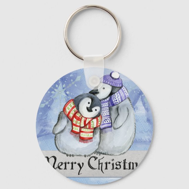 Cute couple of penguins hugging key ring (Front)