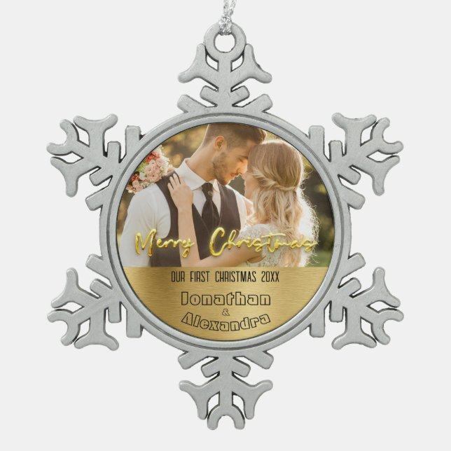 Cute couple photo First Christmas Luxury golden Snowflake Pewter Christmas Ornament (Front)