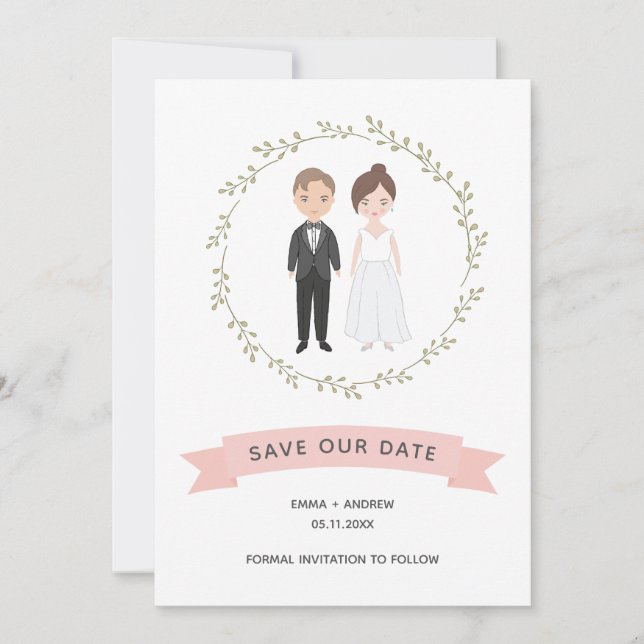 Cute Couple Portrait Modern Wreath Save the Date (Front)