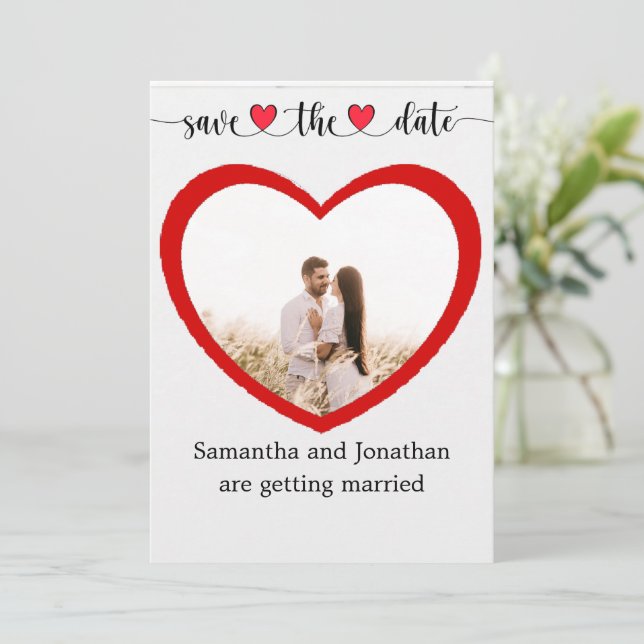 Cute Couple red heart cut out save the date card (Standing Front)