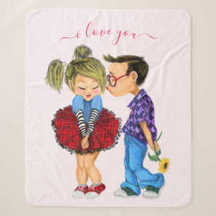 Cute Couple Sherpa Blanket with Text - I Love You