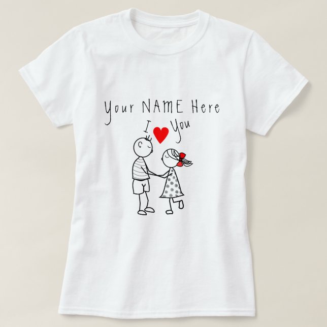 Cute Couple T-Shirt with Custom Name (Design Front)