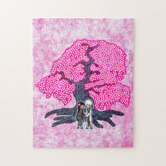 Cute Couple Under The Cherry Blossom Tree Jigsaw Puzzle