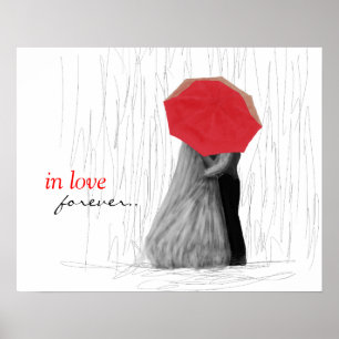 Cute Couple with Red Umbrella Art Poster