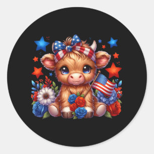 Cute Cow 4th Of July Floral Usa Patriotic Cow Love Classic Round Sticker
