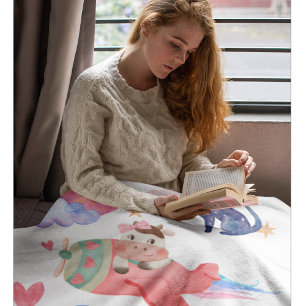 Cute Cow,Aeroplane,Cats,Moon,Whimsical,Watercolor Fleece Blanket
