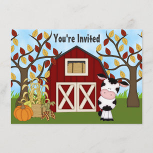 Cute Cow and Barn Autumn Birthday Invitation