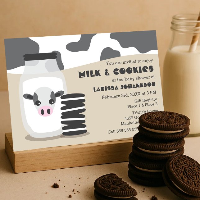 Cute Cow and Milk and Cookies Beige Baby Shower Invitation (Cute Cow and Milk and Cookies Beige Baby Shower Invitation )