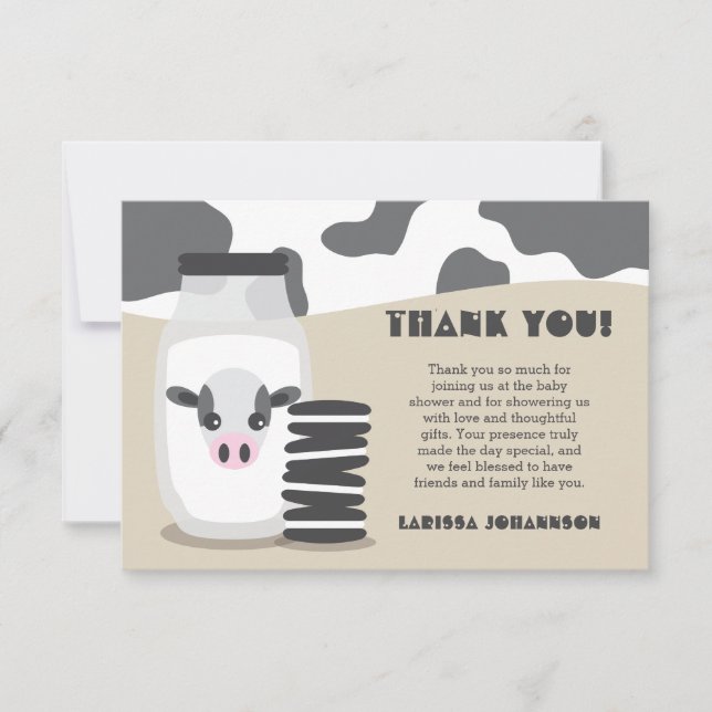 Cute Cow and Milk and Cookies Beige Baby Shower Thank You Card (Front)