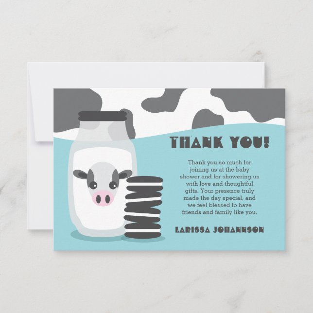 Cute Cow and Milk and Cookies Blue Baby Shower Thank You Card (Front)