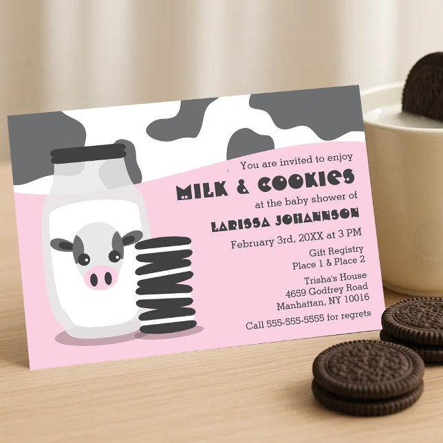 Cute Cow and Milk and Cookies Pink Baby Shower Invitation (Cute Cow and Milk and Cookies Pink Baby Shower Invitation)