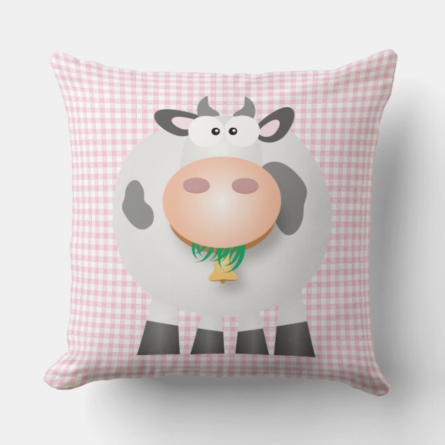 Cute Cow And Pastel Pink Gingham Plaid Pattern Cushion (Front)