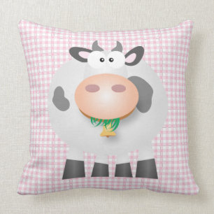 Cute Cow And Pastel Pink Gingham Plaid Pattern Cushion
